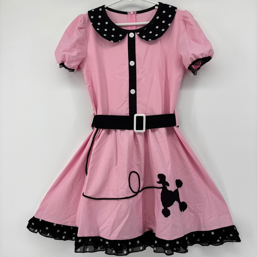 Kids Pink 1950s Poodle Dress Retro Sock Hop Costume Polka Dot Belted Size Large
